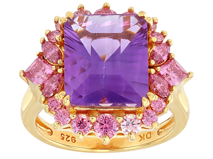 Pre-Owned Purple Canela Amethyst with Pink Moissanite Fire® 18K Yellow Gold Over Sterling Silver Rin
