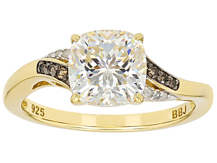 Pre-Owned Strontium Titanate With Champagne & White Diamond 18k Yellow Gold Over Silver Ring 3.24ct
