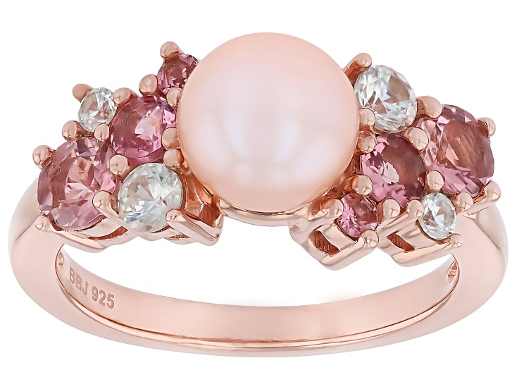 Pre-Owned Peach Cultured Freshwater Pearl with Tourmaline and Zircon 18K Rose Gold Over Silver Ring