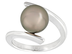 Pre-Owned Cultured Tahitian Pearl Rhodium Over Sterling Silver Bypass Ring