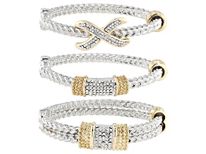 Pre-Owned White Crystal Two-Tone Hinged Cuff Bracelet Set of 3