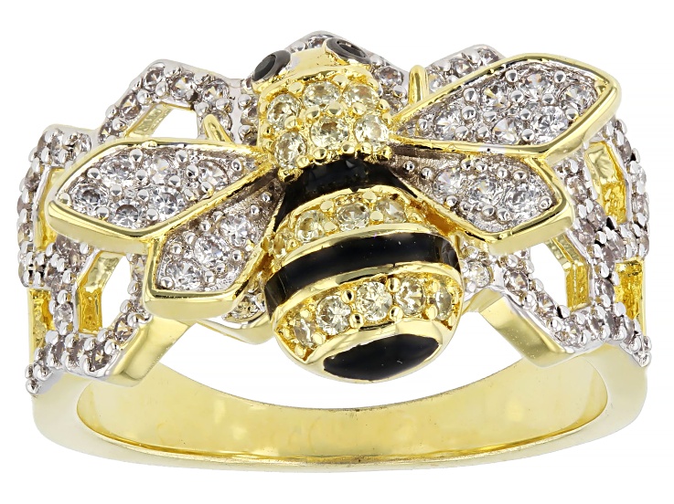 Pre-Owned White Cubic Zirconia and Black Spinel Rhodium and 18k Yellow Gold Plated Bee Ring 1.25ctw