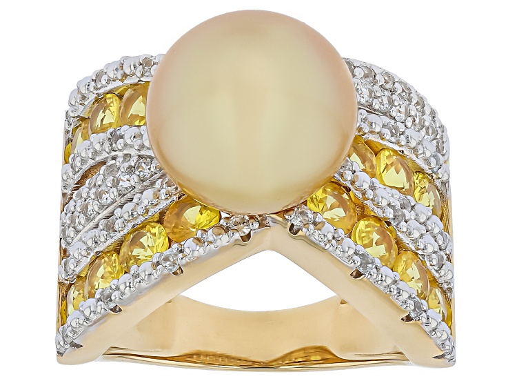 Pre-Owned Golden Cultured South Sea Pearl with Yellow Sapphire and Zircon 18K Yellow Gold Over Silve
