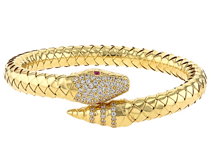 Pre-Owned 18k Yellow Gold Over Sterling Silver Cubic Zirconia Woven Snake Design 8.75mm Bracelet