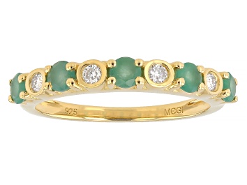 Picture of Pre-Owned Green Zambian Emerald with White Moissanite 18K Yellow Gold Over Sterling Silver Ring 0.58