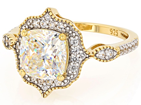 Pre-Owned Strontium Titanate With White Zircon 18k Yellow Gold Over Sterling Silver Ring 3.37ctw