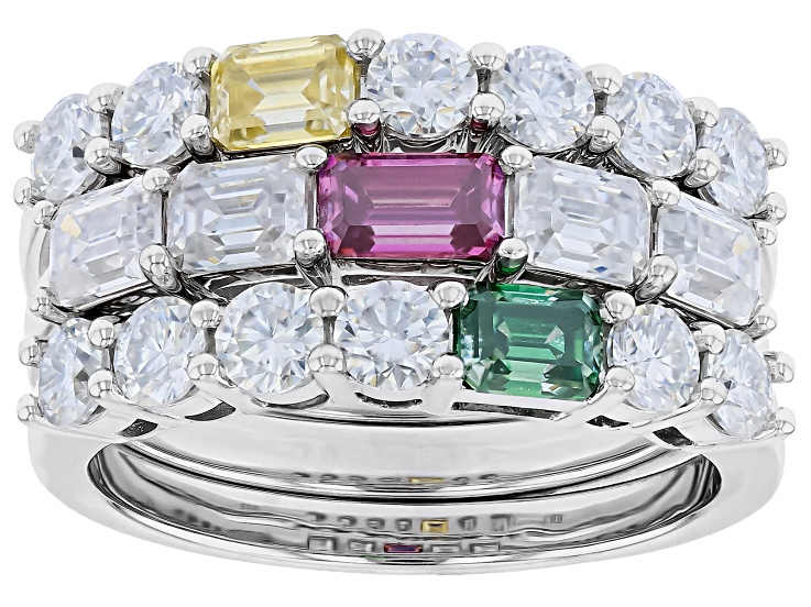 Pre-Owned Yellow, Green, Pink And Colorless Moissanite Platineve Set of Three Rings 2.85ctw DEW