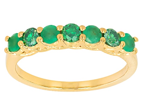 Pre-Owned Green Zambian Emerald with Green Moissanite 18K Yellow Gold Over Sterling Silver Ring 0.68