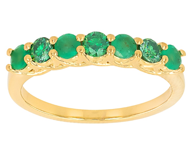 Pre-Owned Green Zambian Emerald with Green Moissanite 18K Yellow Gold Over Sterling Silver Ring 0.68