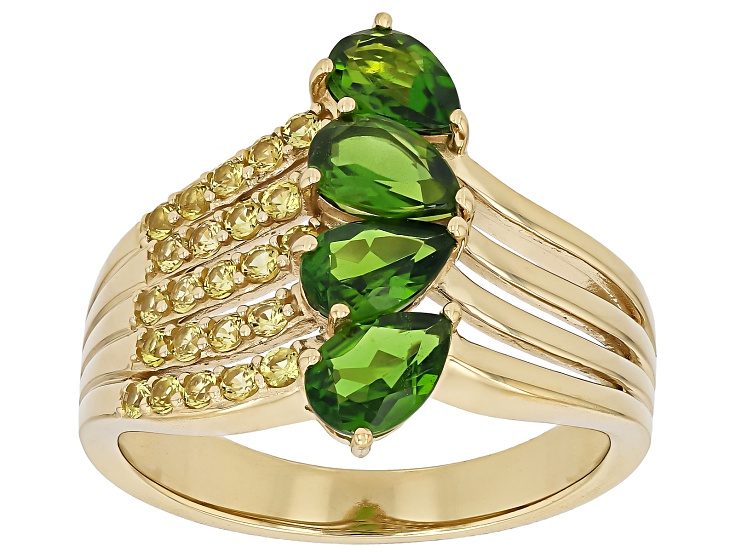 Pre-Owned Chrome Diopside with Yellow Lab Created Sapphire 18K Yellow Gold Over Silver Ring 2.26ctw