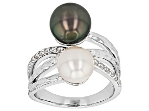 Pre-Owned Black Cultured Tahitian Pearl With White Akoya Pearl and White Zircon Rhodium Over Silver