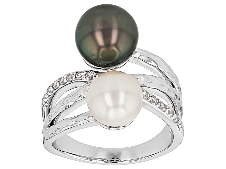 Pre-Owned Black Cultured Tahitian Pearl With White Akoya Pearl and White Zircon Rhodium Over Silver