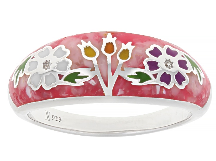 Pre-Owned White Mother-of-Pearl With 0.01ctw White Zircon And Enamel Rhodium Over Sterling Silver Ri