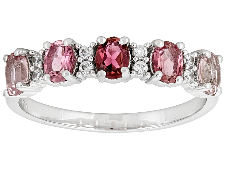 Pre-Owned Pink Tourmaline with White Zircon Rhodium Over Sterling Silver Ring 0.73ctw