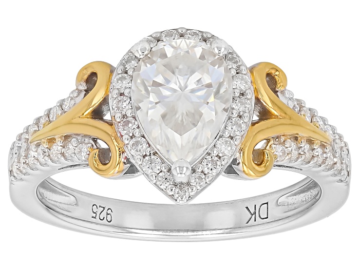 Pre-Owned Pear And Round Moissanite Platineve And 14k Yellow Gold Over Silver Halo Ring 1.54ctw DEW