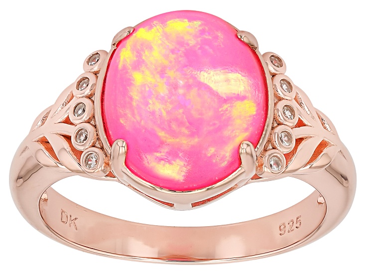 Pre-Owned Pink Ethiopian Opal with White Zircon 18K Rose Gold Over Sterling Silver Ring 0.04ctw