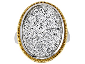Pre-Owned Silver Drusy Quartz Rhodium and 18K Yellow Gold Over Sterling Silver Ring 10.84ct