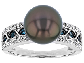 Pre-Owned Black Cultured Tahitian Pearl With London Blue Topaz and White Diamond Rhodium Over Silver
