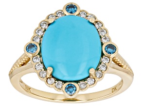 Pre-Owned Sleeping Beauty Turquoise With Blue & White Lab Grown Diamond 10K Yellow Gold Ring 0.27ctw