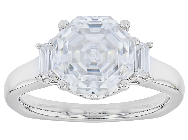 Pre-Owned Pentaluxe And Emerald Cut Moissanite Platineve Ring 3.40ctw DEW