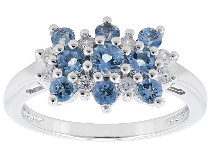Pre-Owned Blue Ofiki Aquamarine with White Zircon Rhodium Over Sterling Silver Ring 0.77ctw