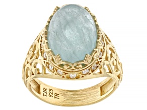 Pre-Owned Dreamy Aquamarine With Cubic Zirconia 18K Gold Over Sterling Silver Ring, 14x10mm, 0.18ctw