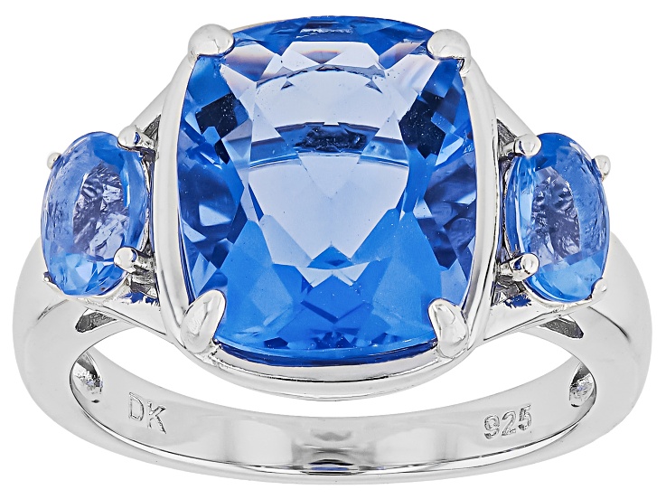 Pre-Owned Blue Color Change Fluorite Rhodium Over Sterling Silver 3 Stone Ring 6.38ctw