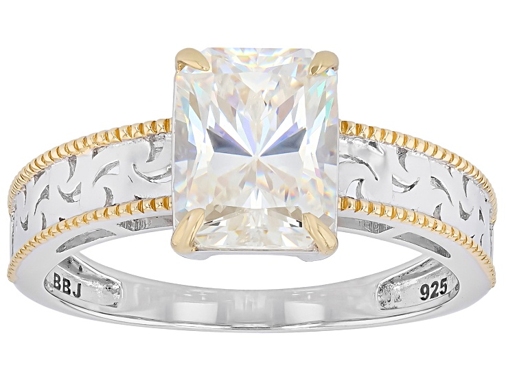 Pre-Owned White Strontium Titanate Rhodium Over 18k Yellow Gold Over Silver Two-Tone Ring 2.98ct