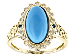 Pre-Owned Sleeping Beauty Turquoise With Blue And White Diamond 10k Yellow Gold Ring 0.14ctw