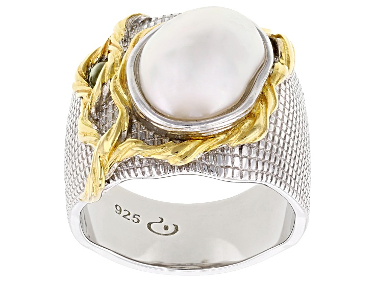 Pre-Owned White Cultured Freshwater Pearl With 0.15ctw Peridot Rhodium & 18k Gold Over Sterling Silv