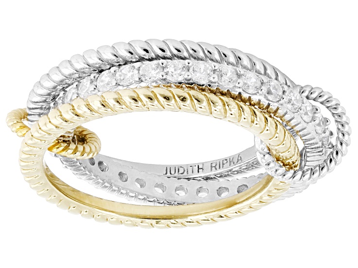 Pre-Owned Judith Ripka White Cubic Zirconia Rhodium and 14k Gold Clad Ring Stack 1.18ctw