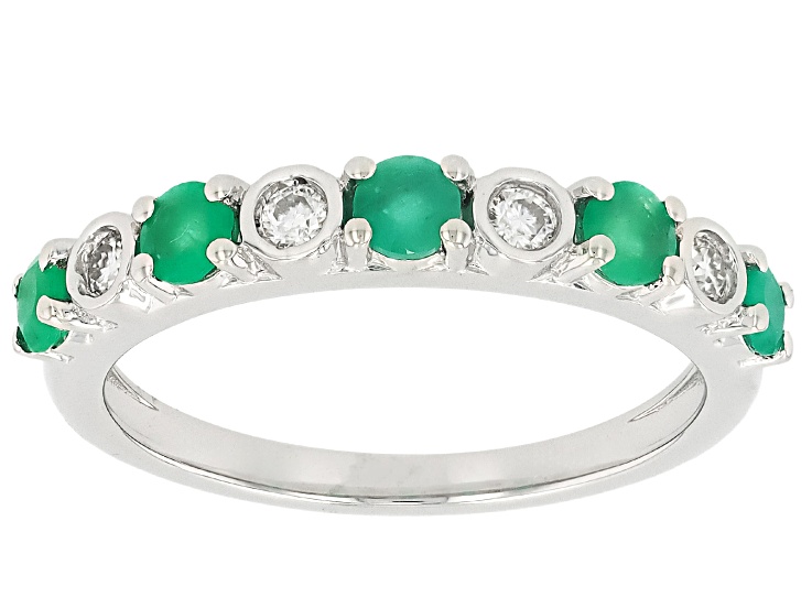 Pre-Owned Green Zambian Emerald with White Moissanite Rhodium Over Sterling Silver Ring 0.58ctw