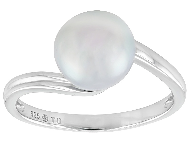 Pre-Owned Platinum Cultured Japanese Akoya Pearl Rhodium Over Sterling Silver Solitaire Ring