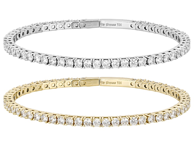 Pre-Owned White Cubic Zirconia Rhodium And 18k Yellow Gold Plated Flex Bangle Set of 2 18.46ctw