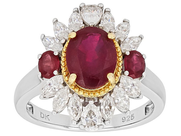 Pre-Owned Mahaleo(R) Ruby with White Moissanite Rhodium Over Sterling Silver Two-Tone Ring 3.83ctw