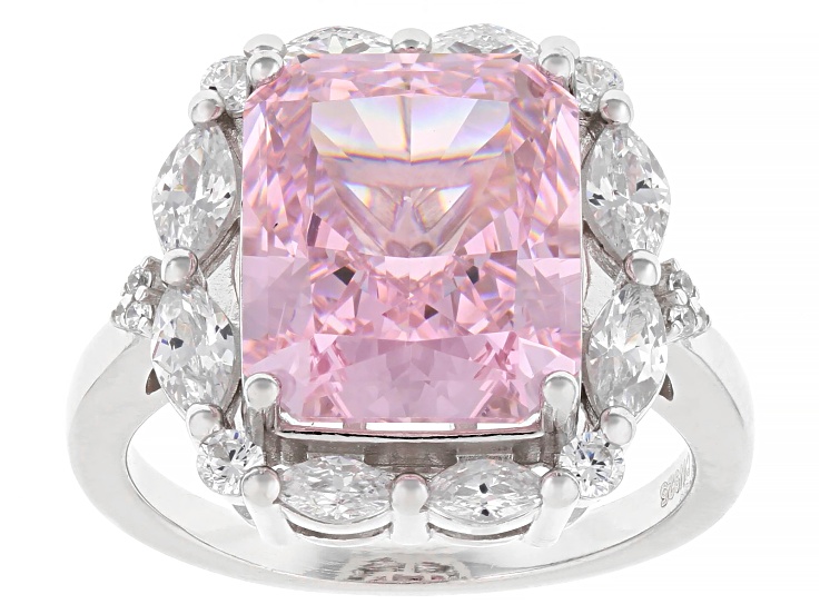 Pre-Owned Pink and White Cubic Zirconia Rhodium Over Sterling Silver Ice Cut Ring 10.68ctw