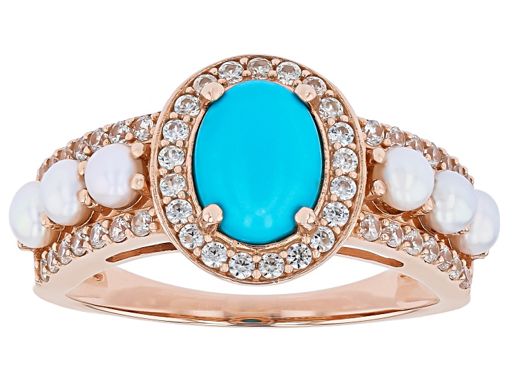 Pre-Owned Sleeping Beauty Turquoise With Cultured Freshwater Pearl & Zircon 18K Rose Gold Over Silve