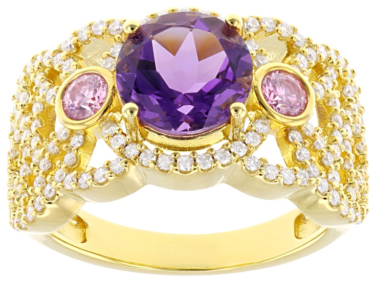 Pre-Owned Purple Canela Amethyst with Pink & White Moissanite Fire® 18K Yellow Gold Over Sterling Si