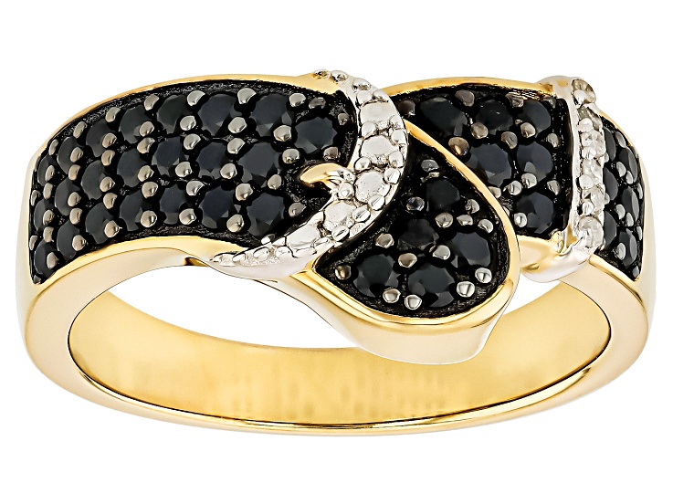 Pre-Owned Black Spinel With White Diamond 18k Yellow gold Over Sterling Silver Ring 0.62ctw