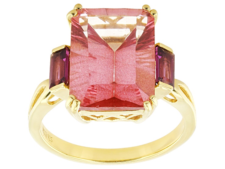 Pre-Owned Padparadscha Color Topaz with Grape Color Garnet 18K Yellow Gold Over Silver Ring 7.89ctw