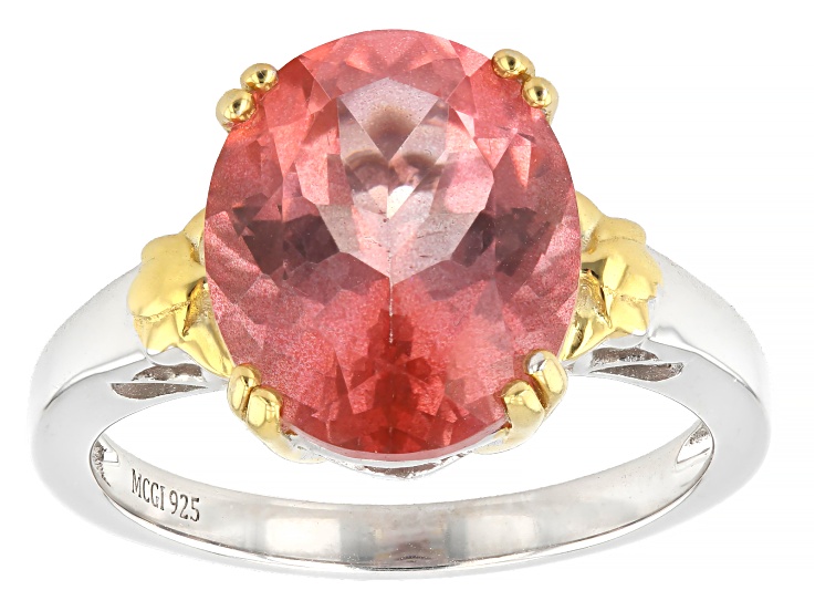 Pre-Owned Padparadscha Color Topaz Rhodium and 18K Yellow Gold Over Sterling Silver Ring 4.96ct