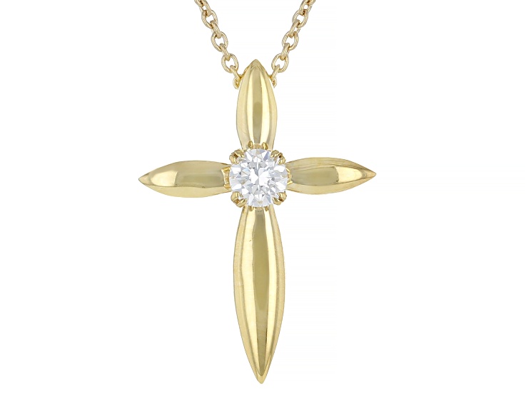 Pre-Owned White Lab-Grown Diamond VS F-G 14K Yellow Gold Over Sterling Silver Cross Pendant With Cha