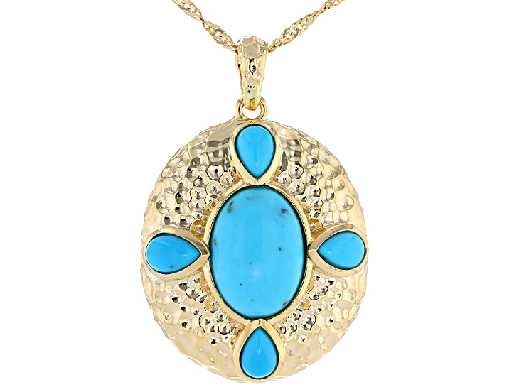 Pre-Owned Blue Kingman Turquoise & Sleeping Beauty Turquoise 18K Yellow Gold Over Silver Pendant/Cha