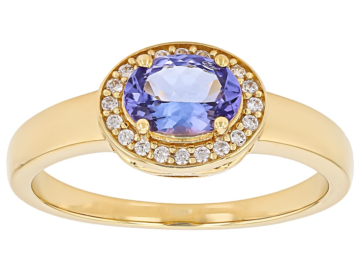 Pre-Owned Blue Tanzanite With White Zircon 18K Yellow Gold Over Sterling Silver Halo Ring 0.74ctw