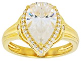 Pre-Owned Pear And Round Moissanite 14k Yellow Gold Over Silver Halo Ring 3.96ctw DEW