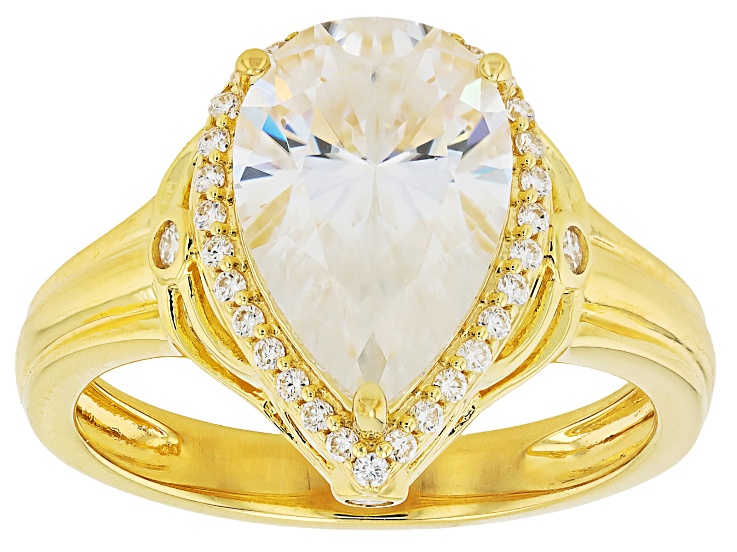 Pre-Owned Pear And Round Moissanite 14k Yellow Gold Over Silver Halo Ring 3.96ctw DEW