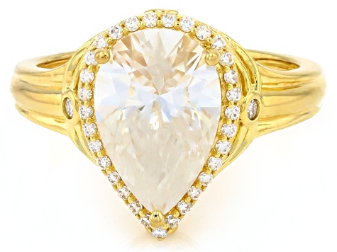 Pre-Owned Pear And Round Moissanite 14k Yellow Gold Over Silver Halo Ring 3.96ctw DEW