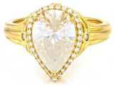 Pre-Owned Pear And Round Moissanite 14k Yellow Gold Over Silver Halo Ring 3.96ctw DEW
