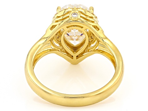 Pre-Owned Pear And Round Moissanite 14k Yellow Gold Over Silver Halo Ring 3.96ctw DEW
