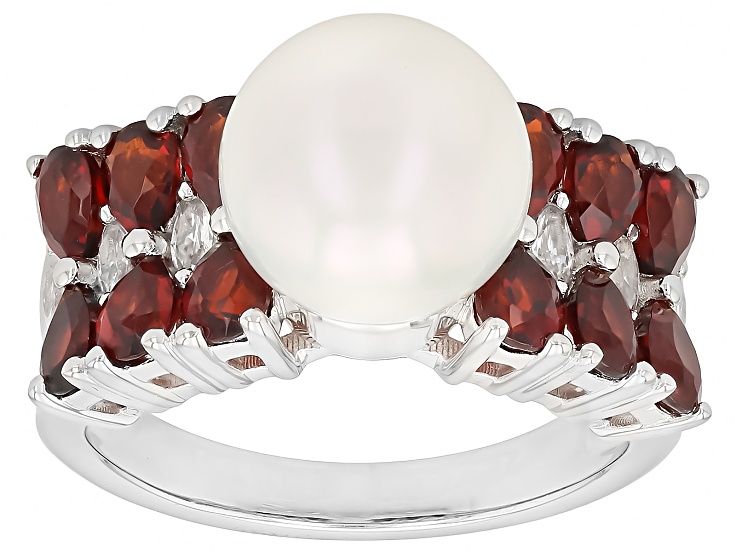 Pre-Owned White Cultured Freshwater Pearl with Red Garnet and Zircon Rhodium Over Sterling Silver Ri